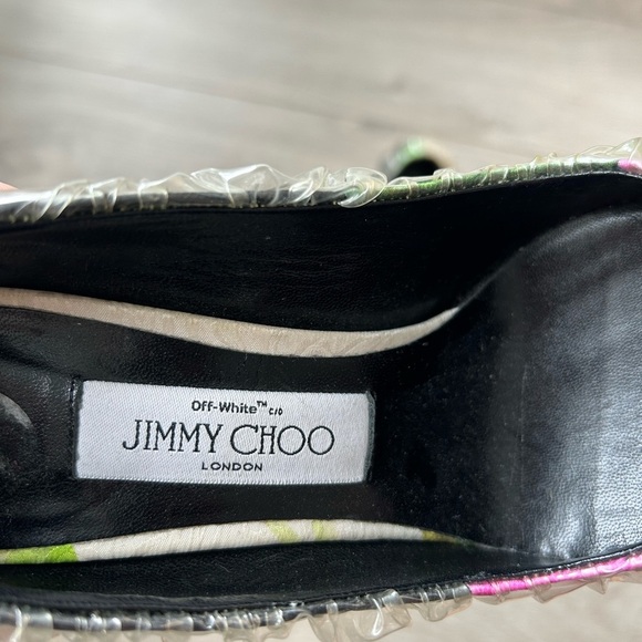 Off-White X Jimmy Choo Pink White Floral Satin Heels Plastic Overlay Size 37 - Picture 10 of 11
